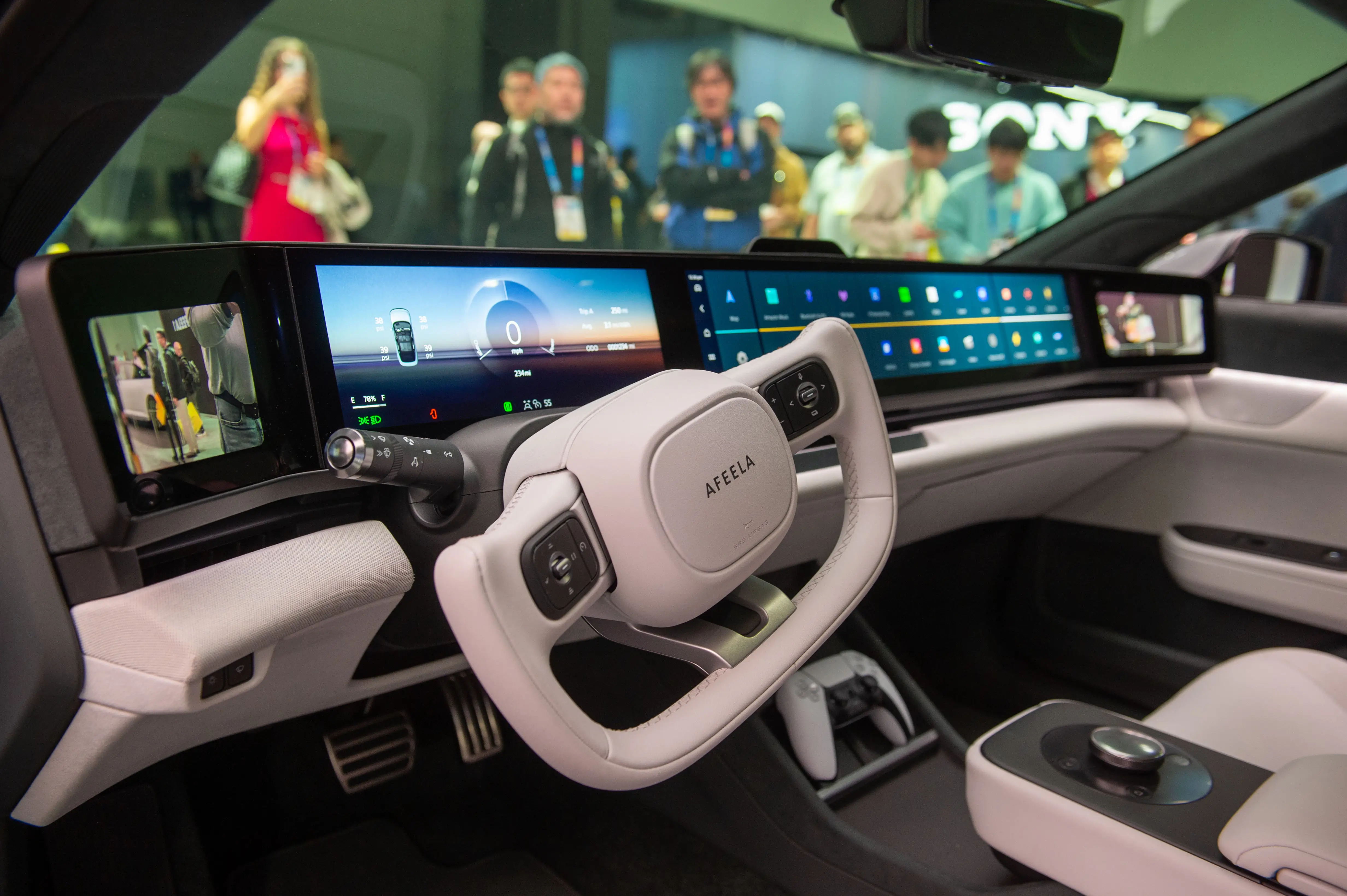The interior of the Afeela, the tech-heavy car that was part of the joint venture with Honda and Sony.