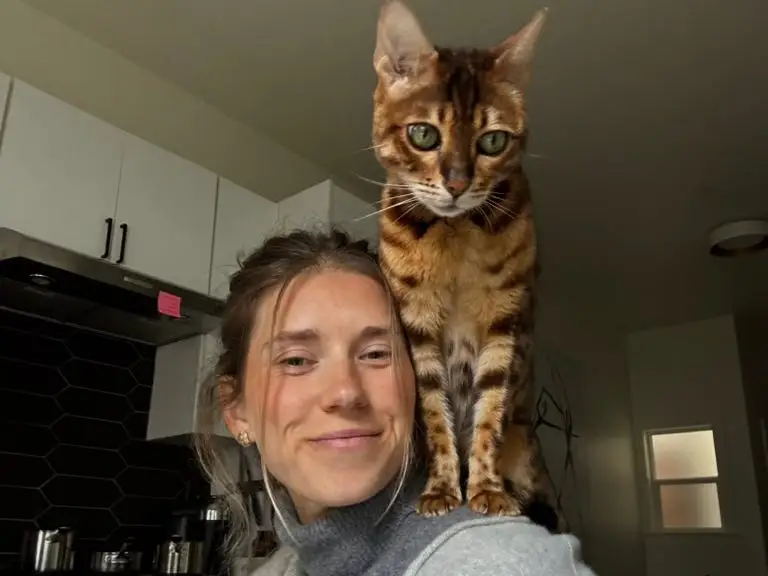 Woman smiling with cat on her shoulder