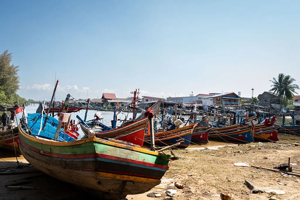 Docked fishing boats in Narathiwat Province, Thailand.
