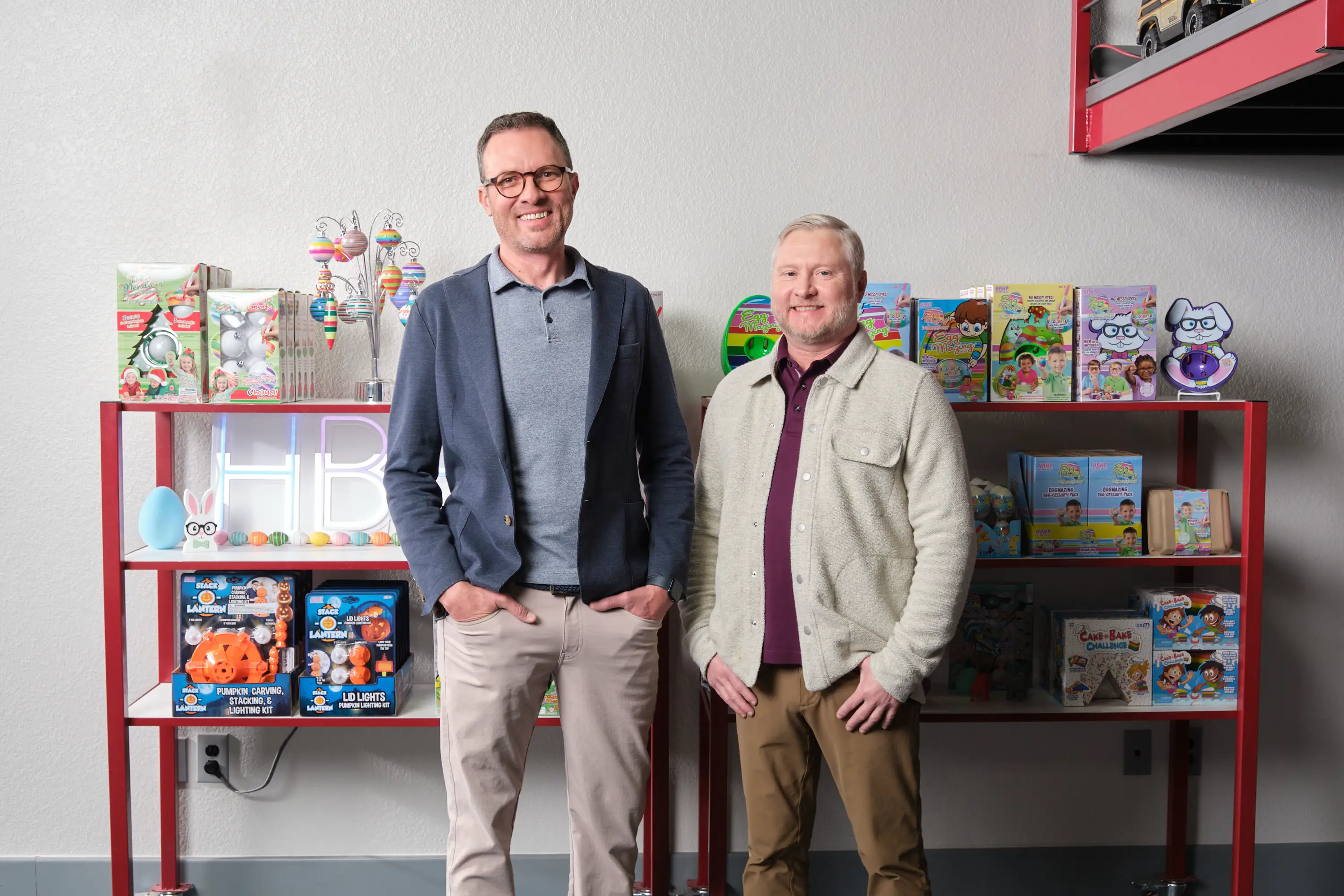 men standing in front of product