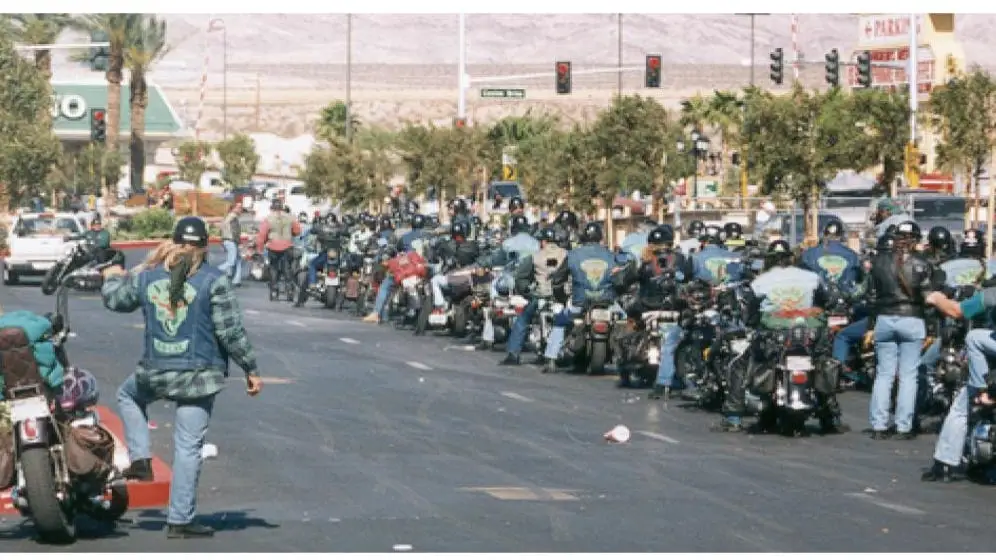 A biker gang on their motorcycles.