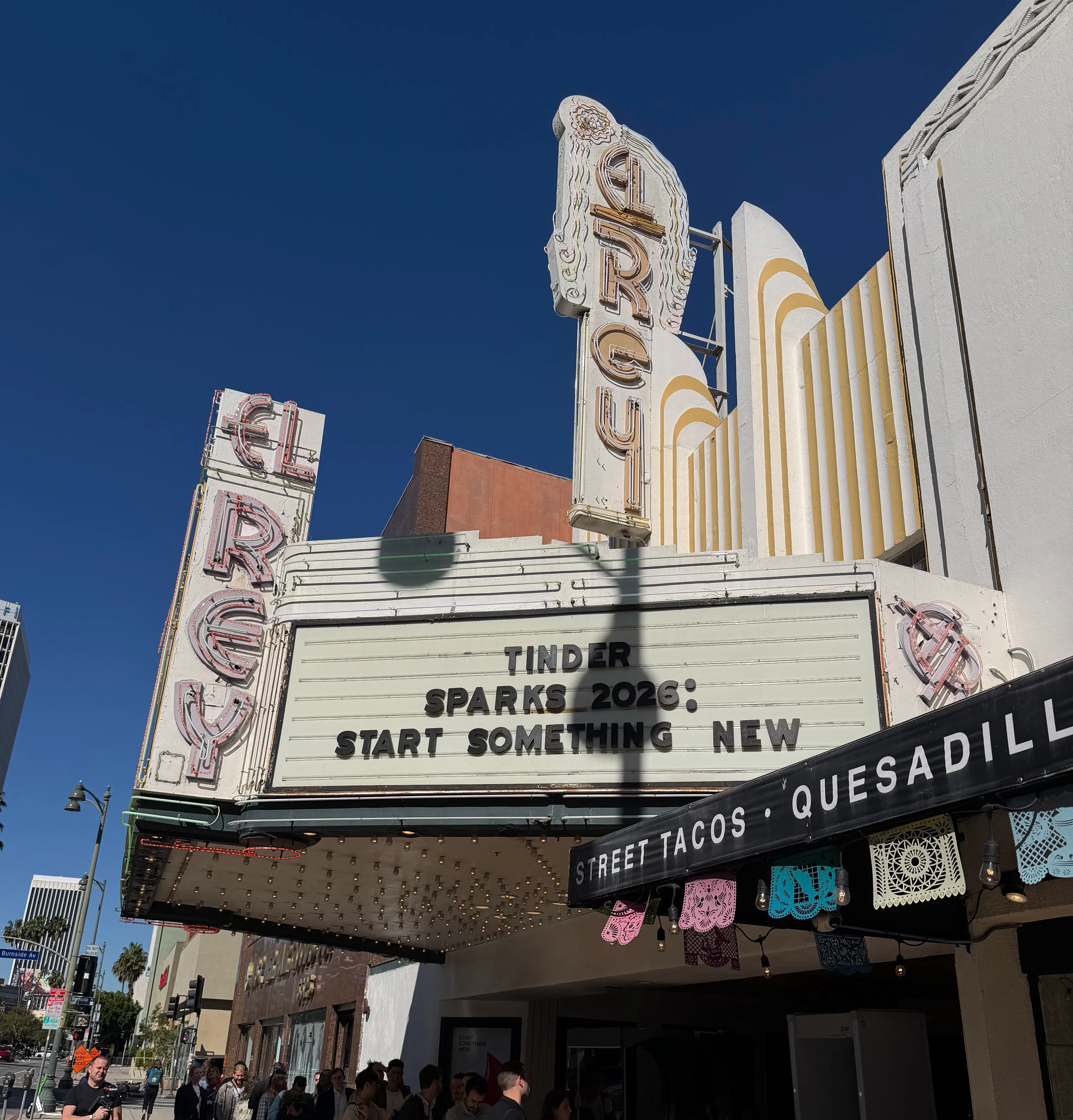 The sign for Tinder Sparks at the El Rey Theatre is pictured.