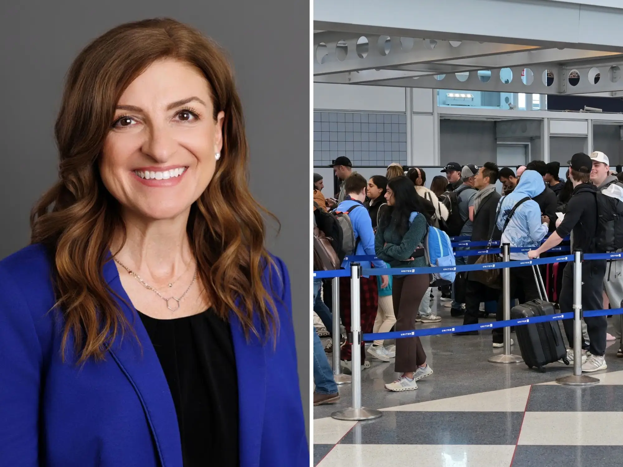 Woman's head shot, long line at O'Hare Airport
