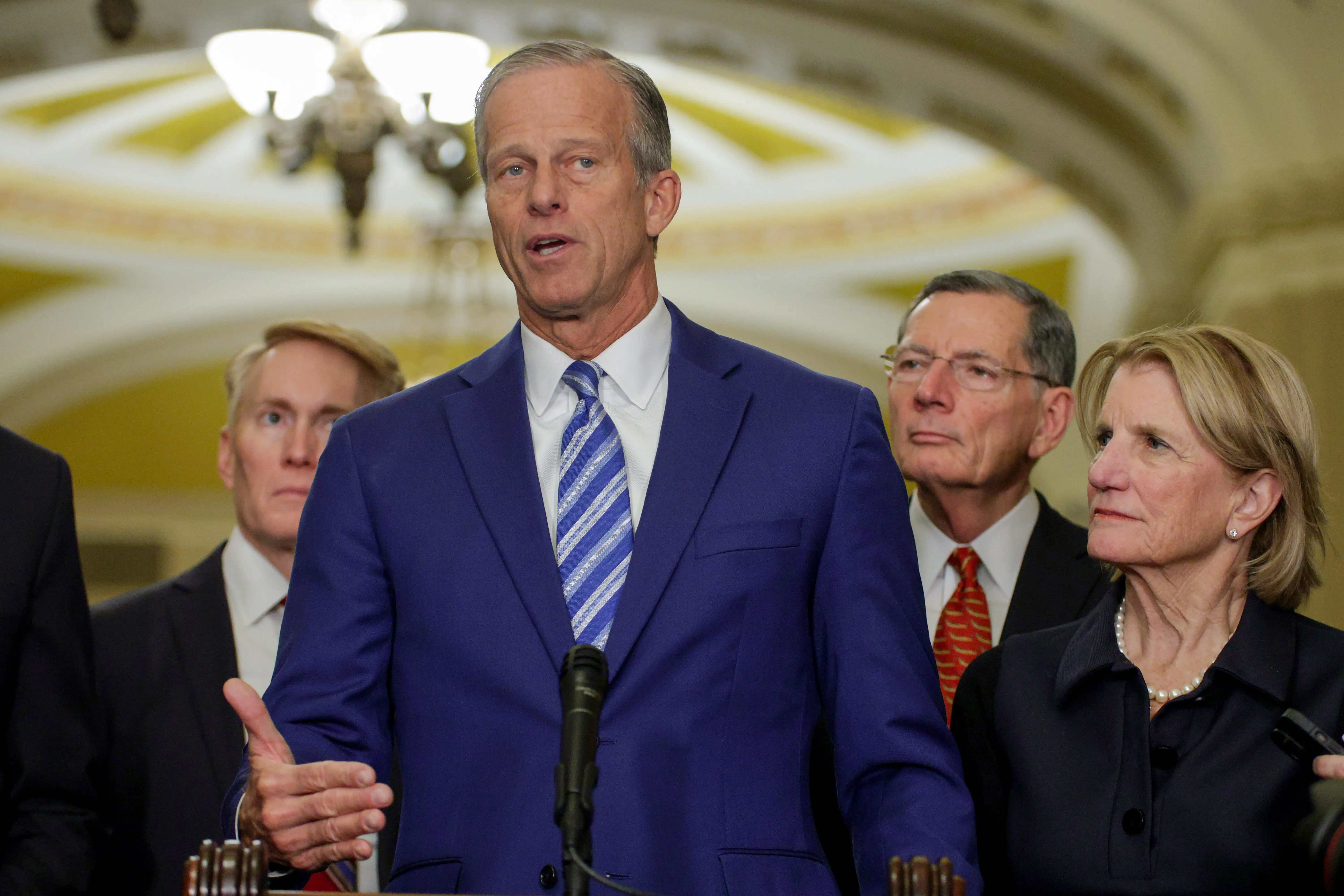 U.S. Senate Majority Leader Sen. John Thune speaks during a news briefing after a weekly Senate Republican Policy Luncheon on March 24.