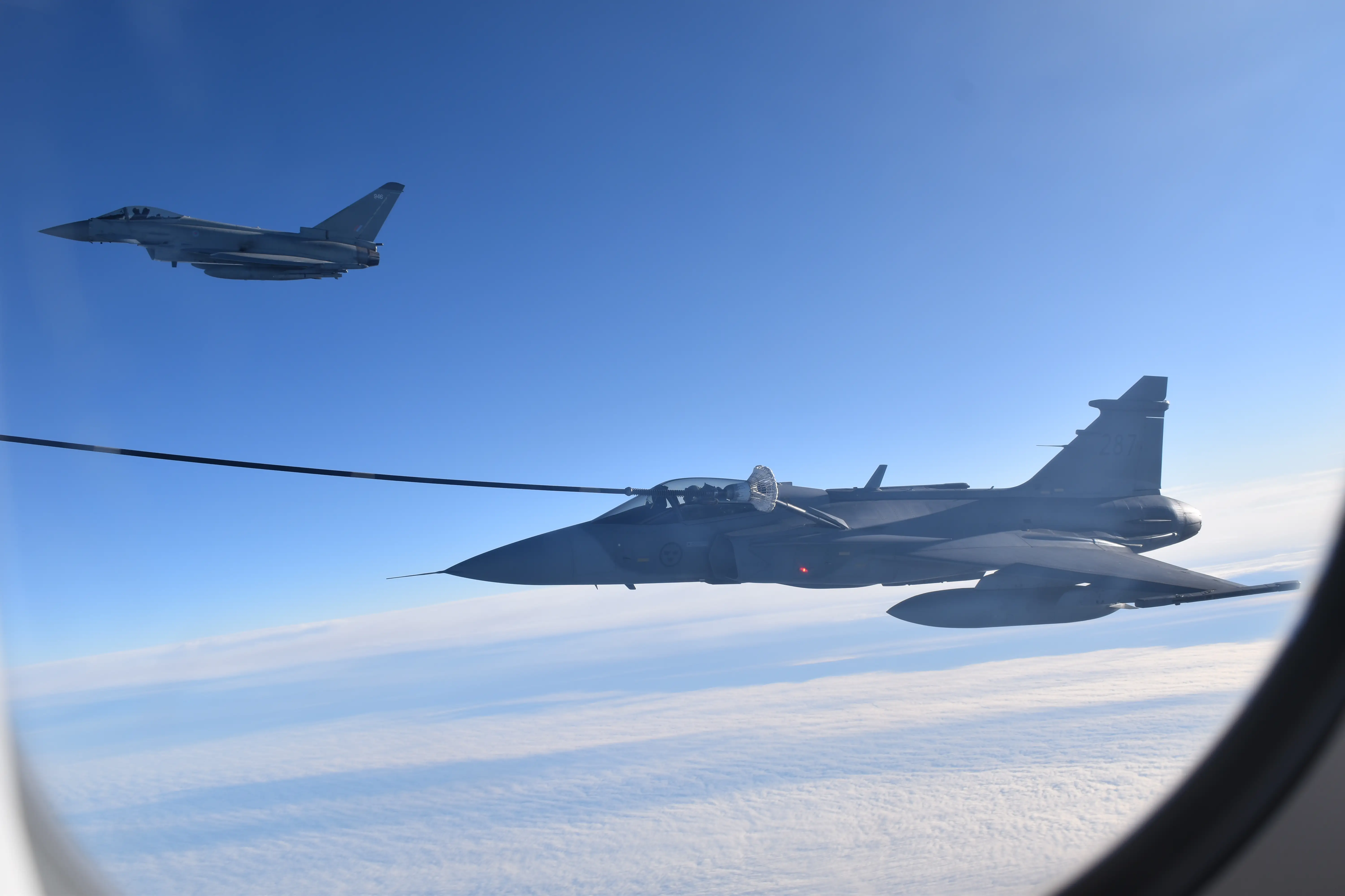 A British tanker aircraft refuels fighter jets during a mission in November 2025.