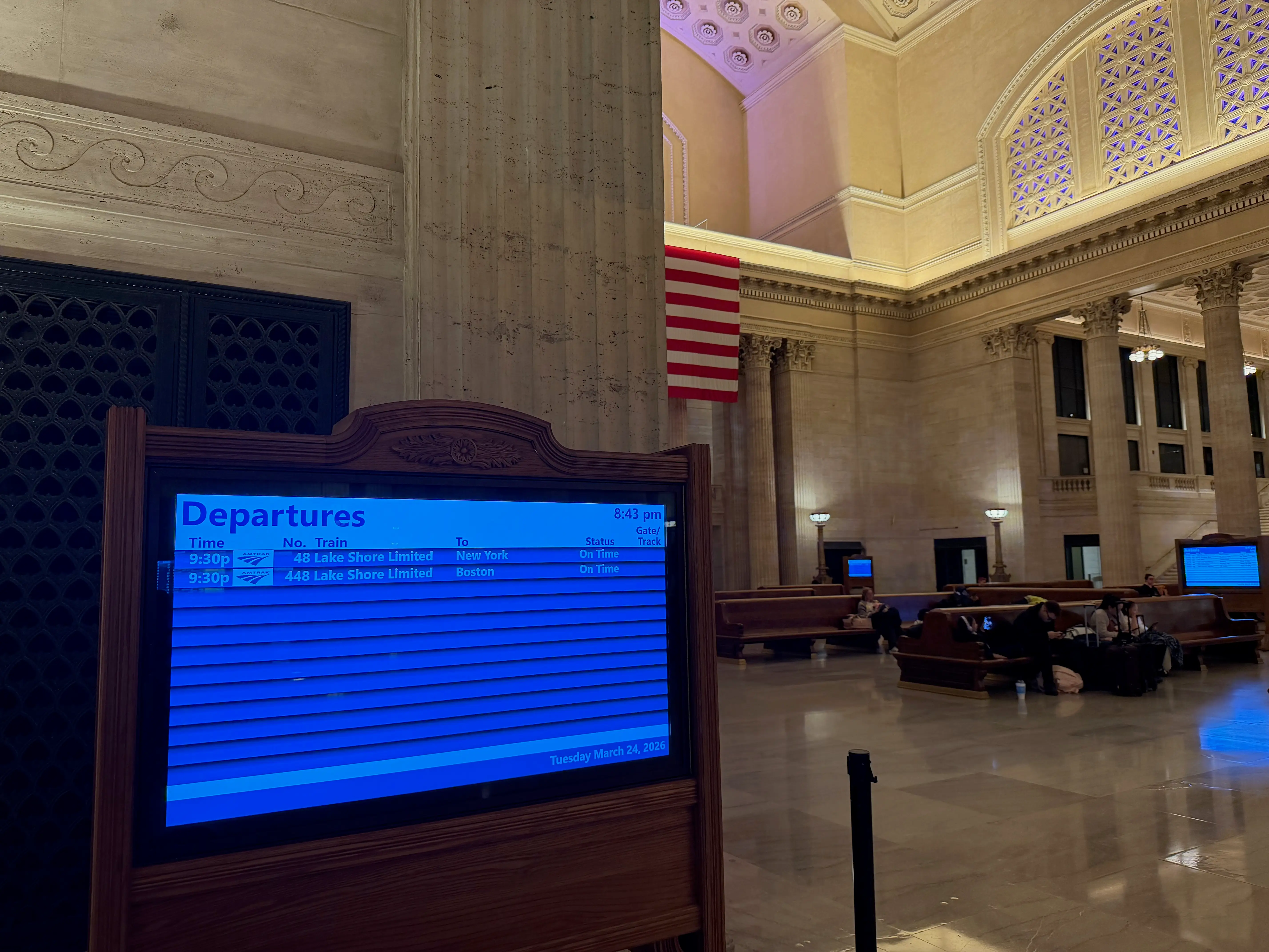 Chicago Union Station for Amtrak travel to New York.