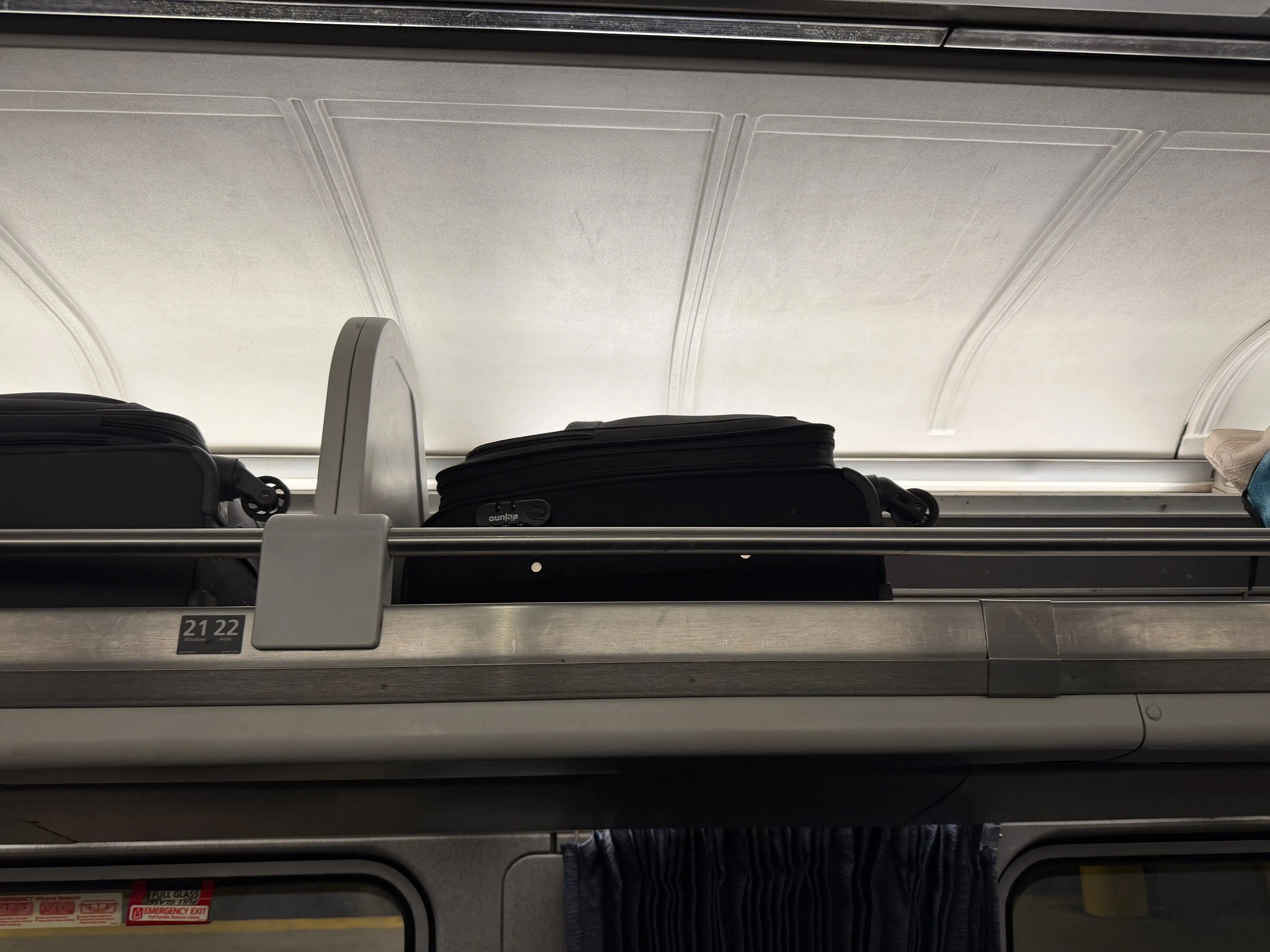 Overhead luggage storage on the Amtrak