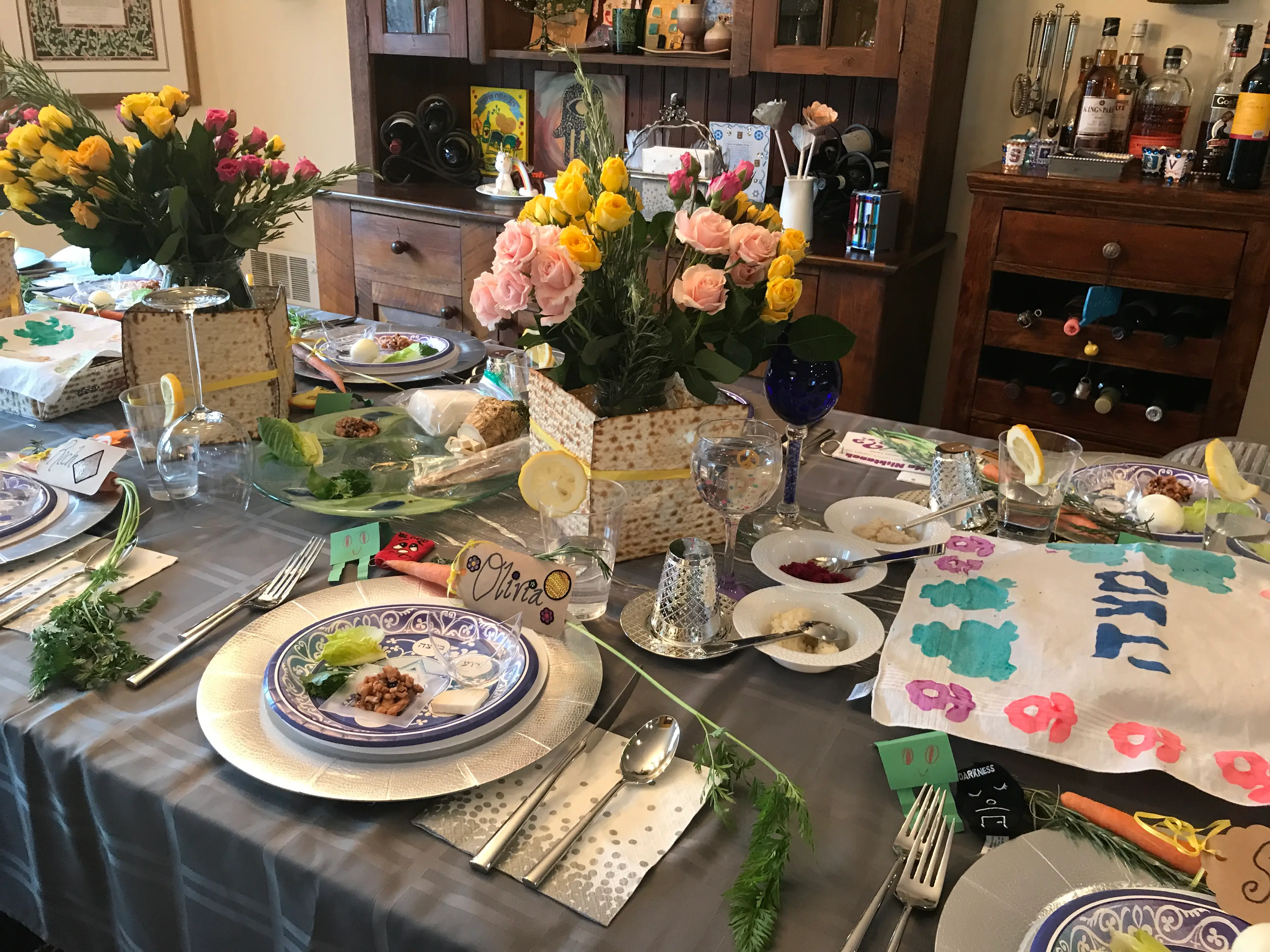 A seder table set for a family celebration.