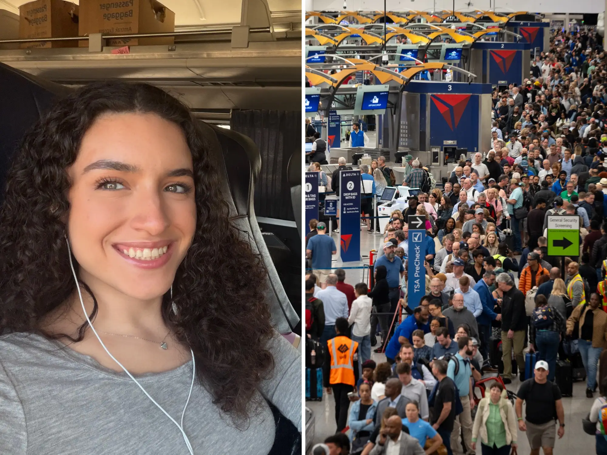 Photo composite of the author in Amtrak and long TSA lines at airports