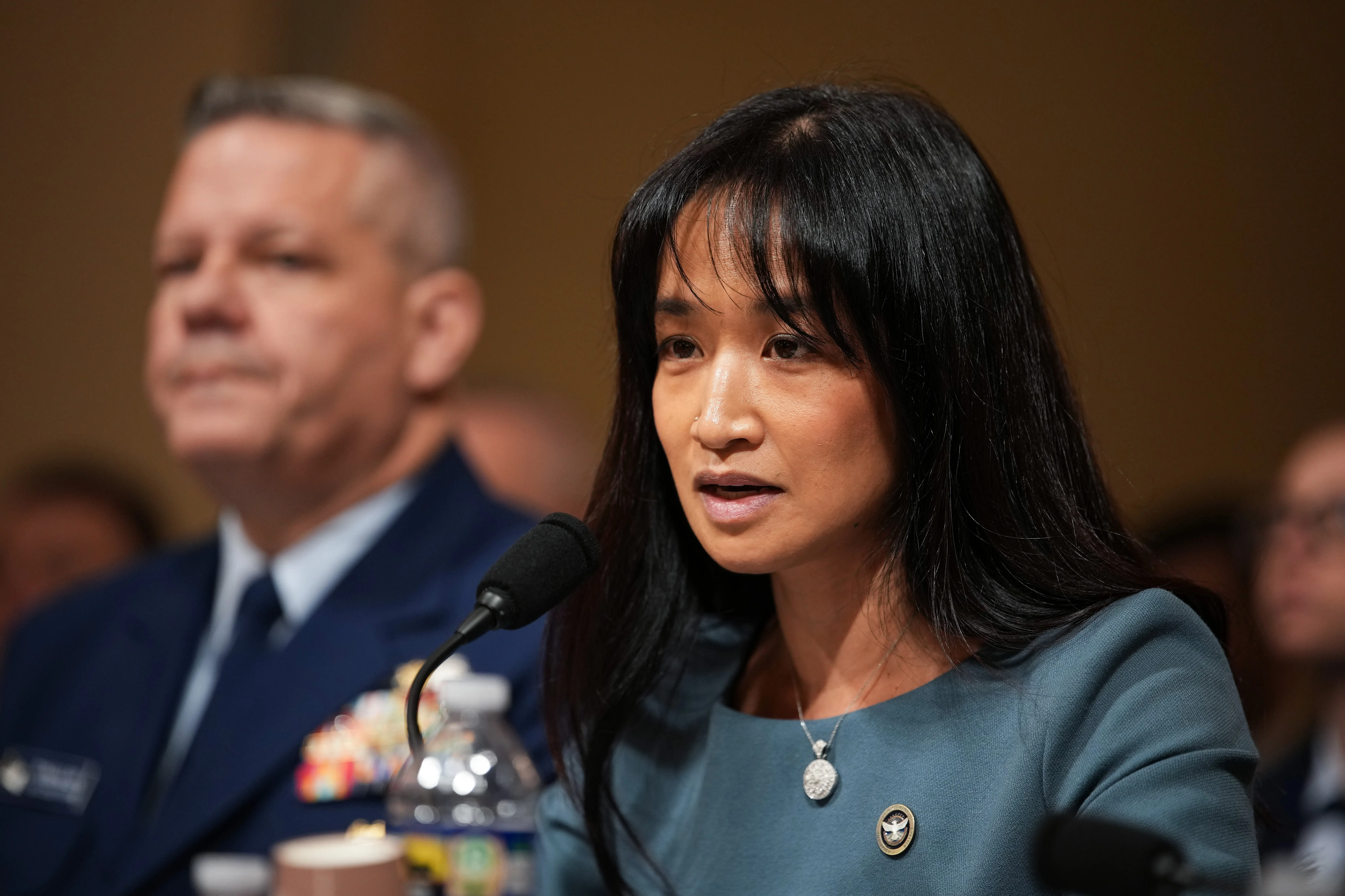 Senior Official performing the duties of the Administrator of the Transportation Security Administration (TSA) Ha Nguyen McNeill delivers an opening statement during a House Homeland Security Committee hearing on Capitol Hill on March 25, 2026 in Washington, DC.