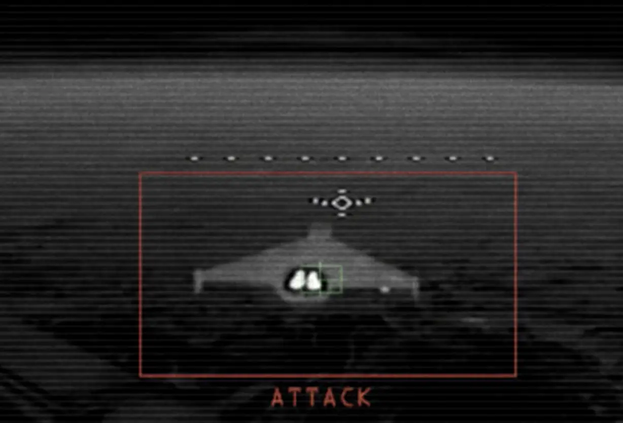 The view from a Ukrainian interceptor drone moments before it struck a Shahed drone.