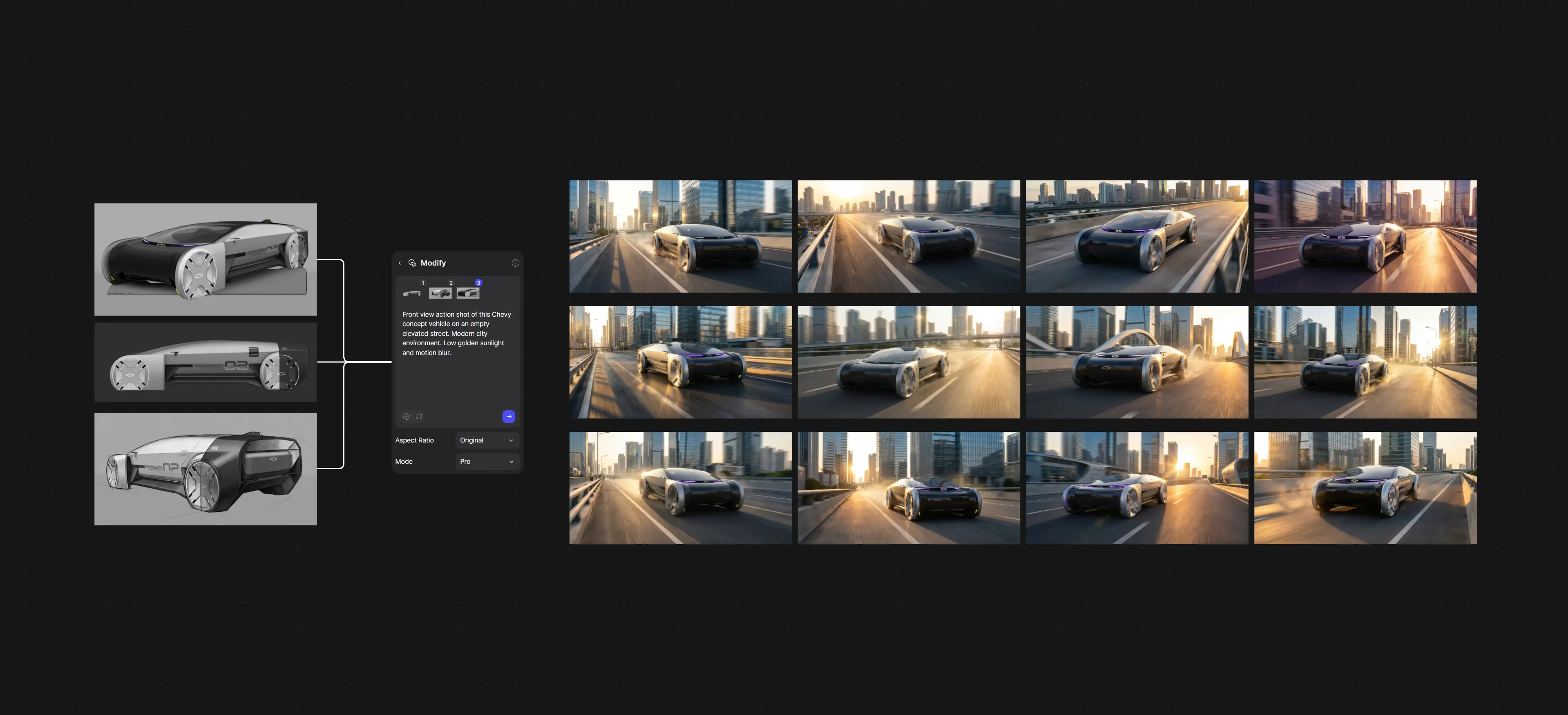 A large screen with several AI-generated images of the Chevy P2 concept car. The left-hand side shows three hand-drawn versions of the car, while the right side shows thumbnails of the car driving down a road.