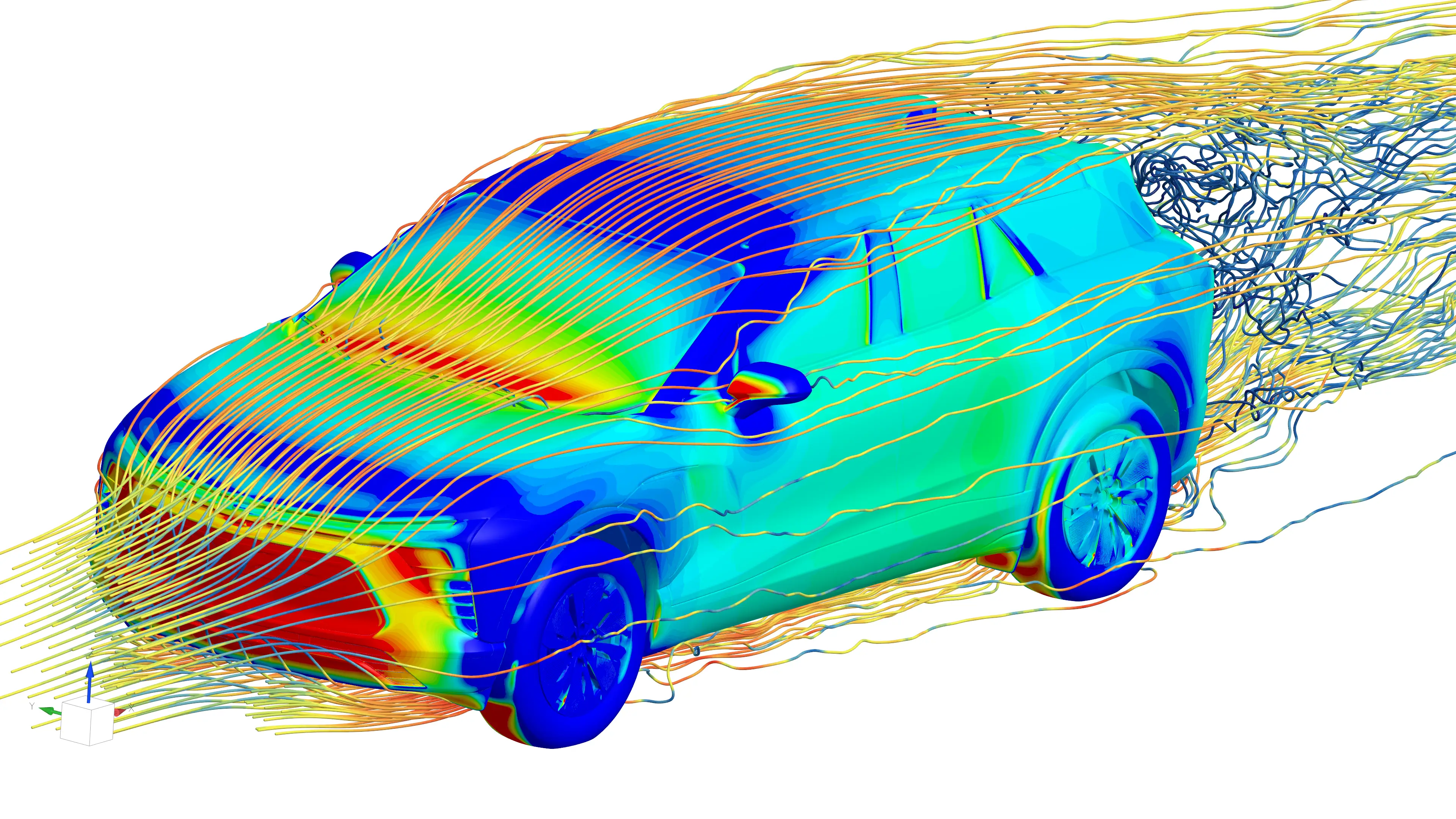 An animation of a Chevy Blazer EV going through a wind tunnel. The car is multi-colored, with streaks of yellow, orange, and blue running along its body.