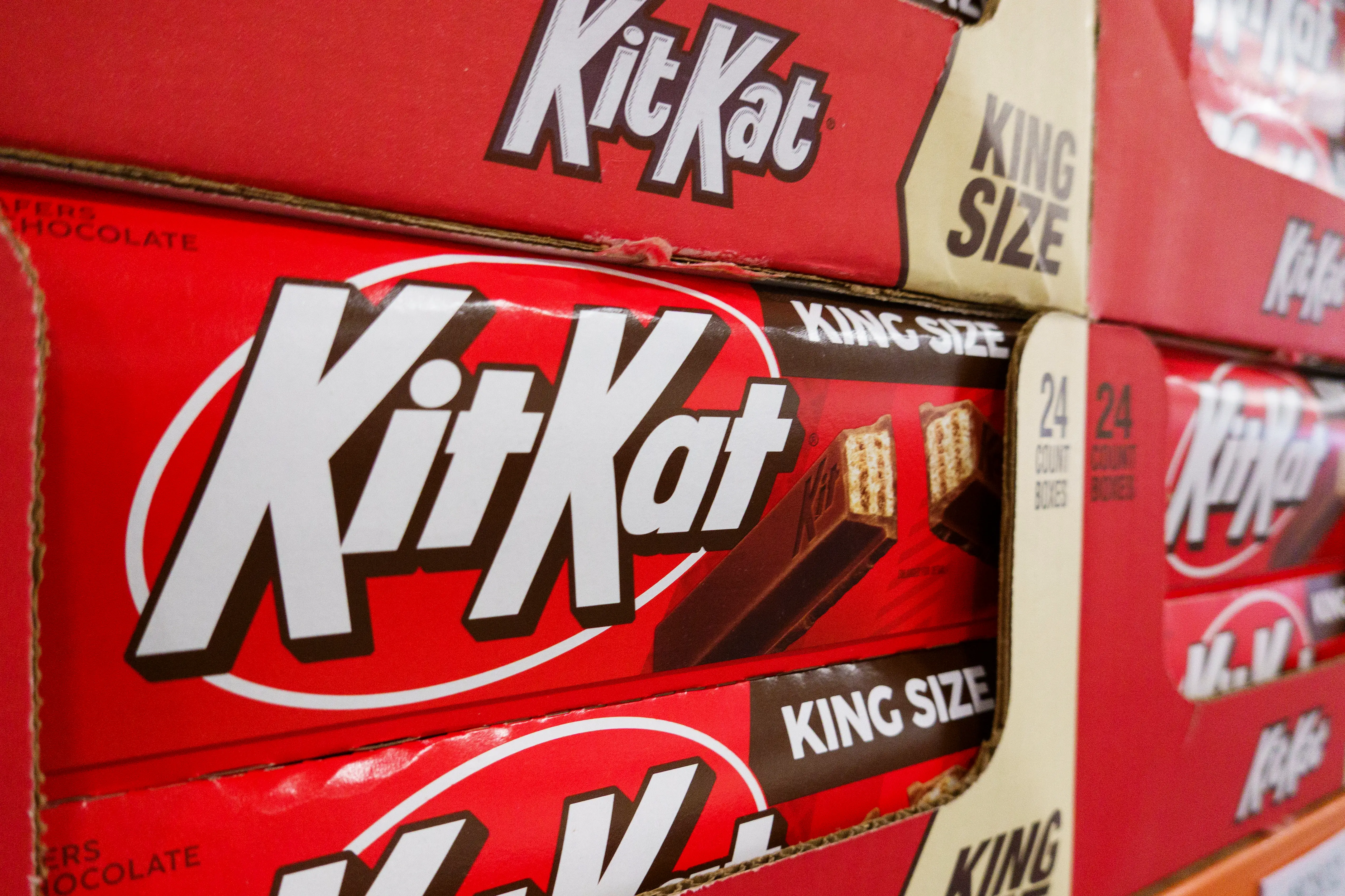 Cases of Kit Kat are displayed at a Costco Wholesale store on July 12, 2025 in San Diego, California.