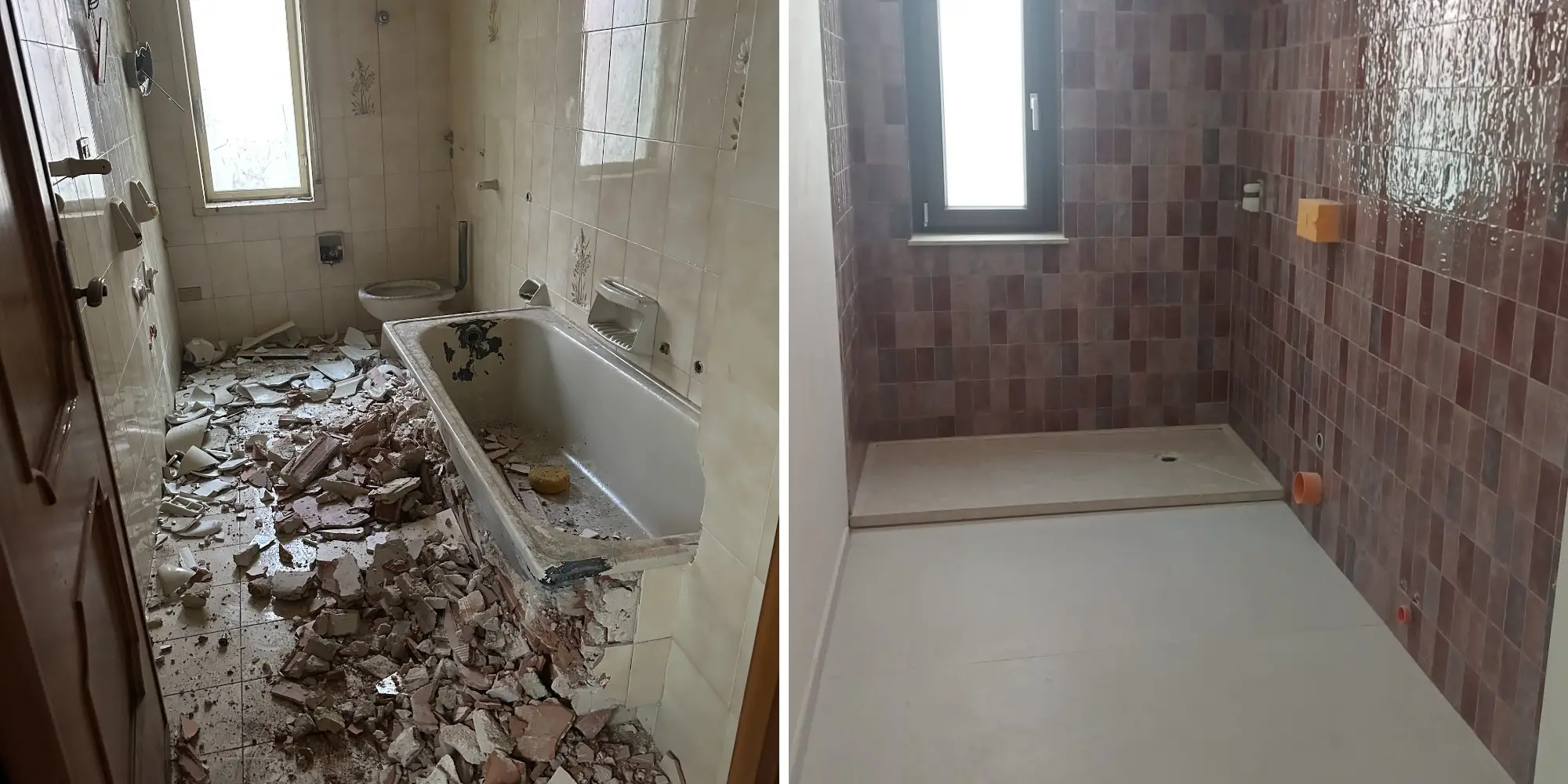 A before-and-after of a renovated bathroom in Italy.
