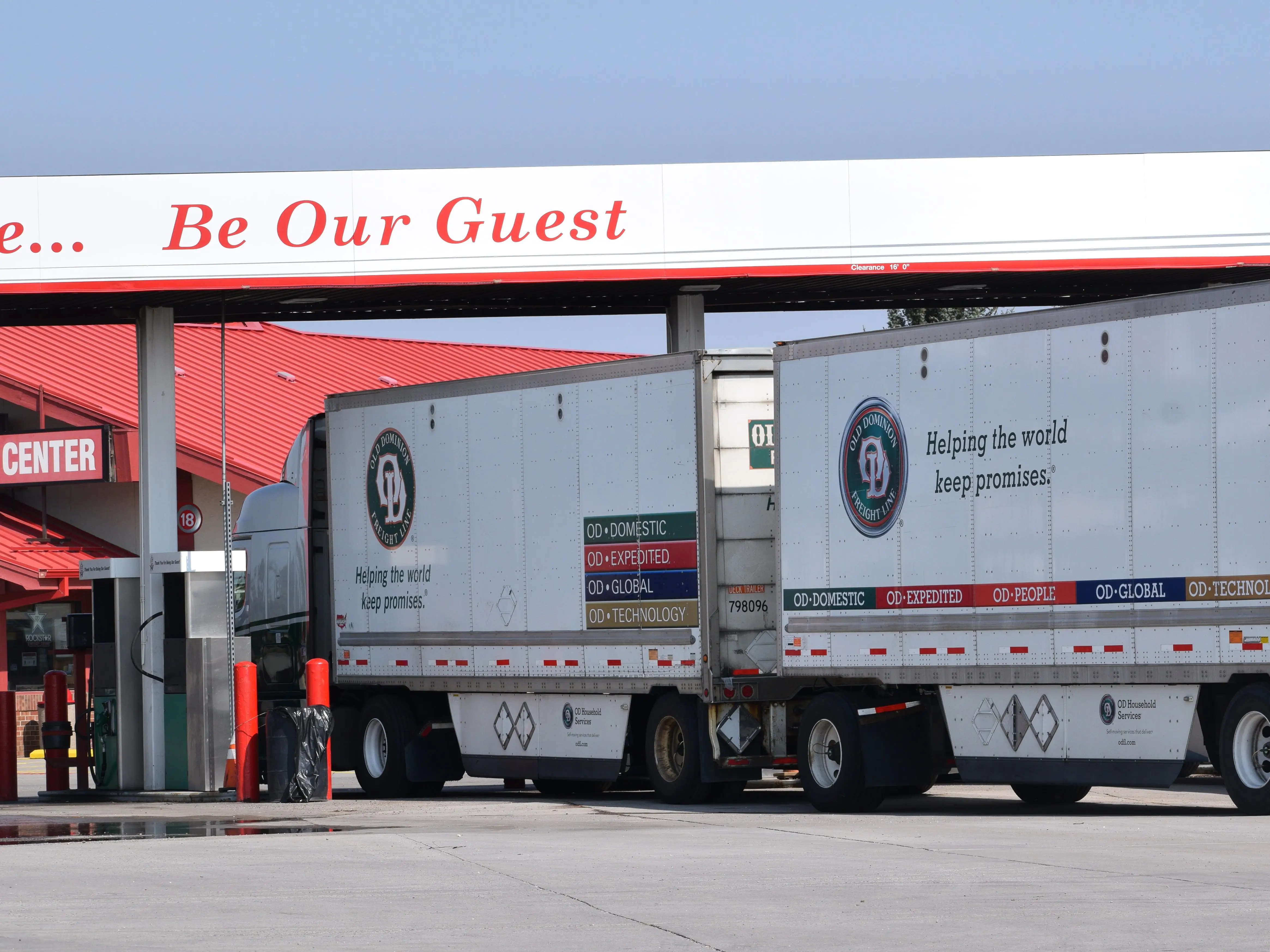 Trucks at Sapp Bros Truck Stop on the east side of Cheyenne Wyoming filling up their gas tanks with gas that costs $3.47 a gallon in August 2021.