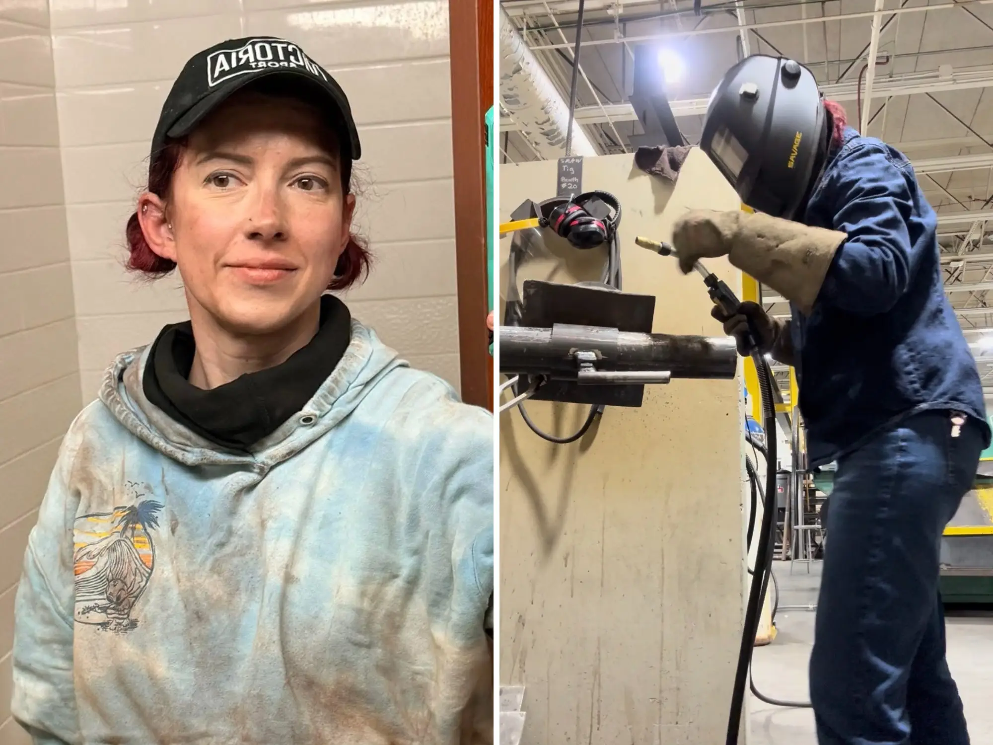 Tabby Toney's headshot after work and an image of her in uniform welding.