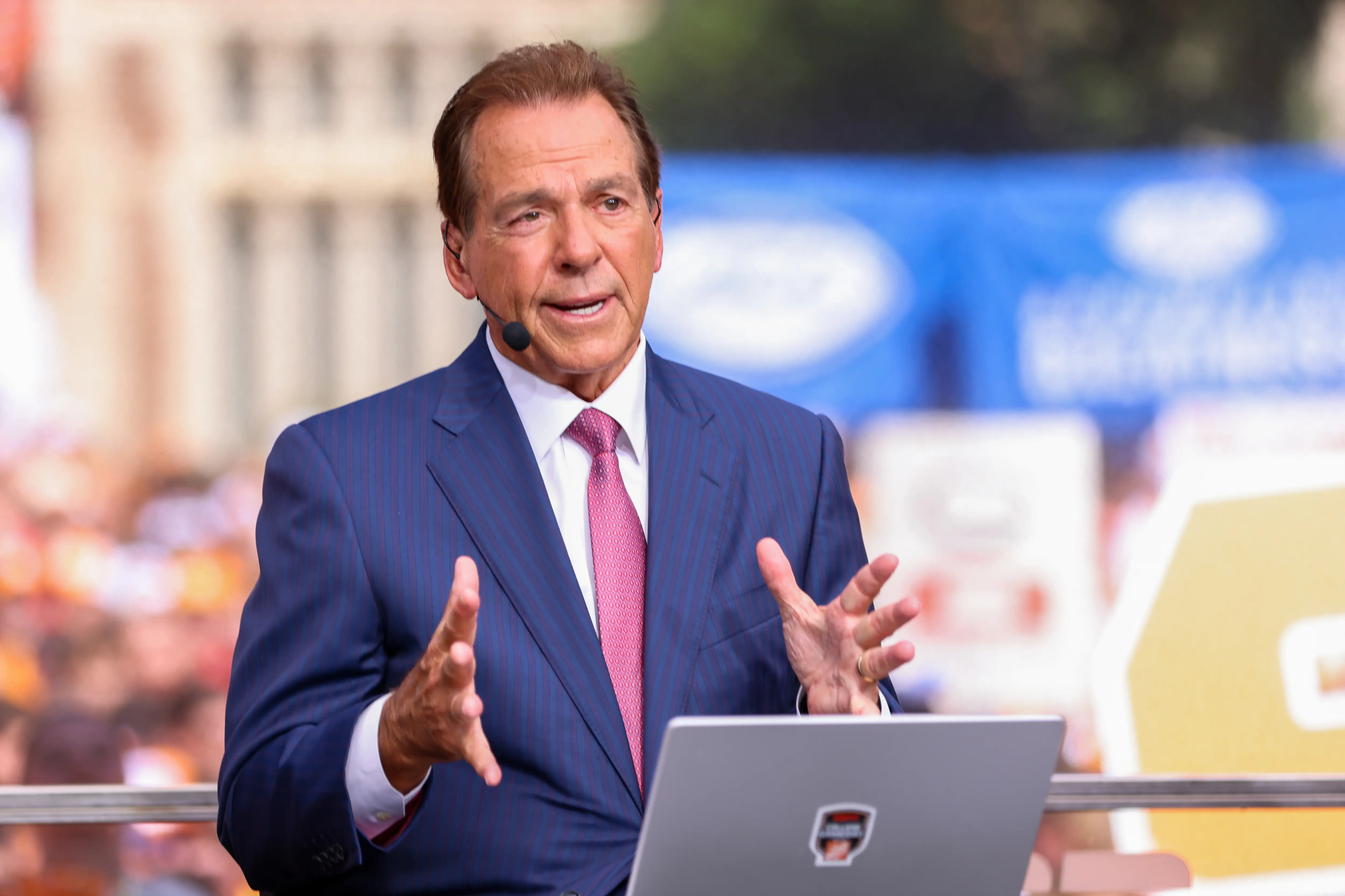 Nick Saban speak on College Gameday in a suit and tie