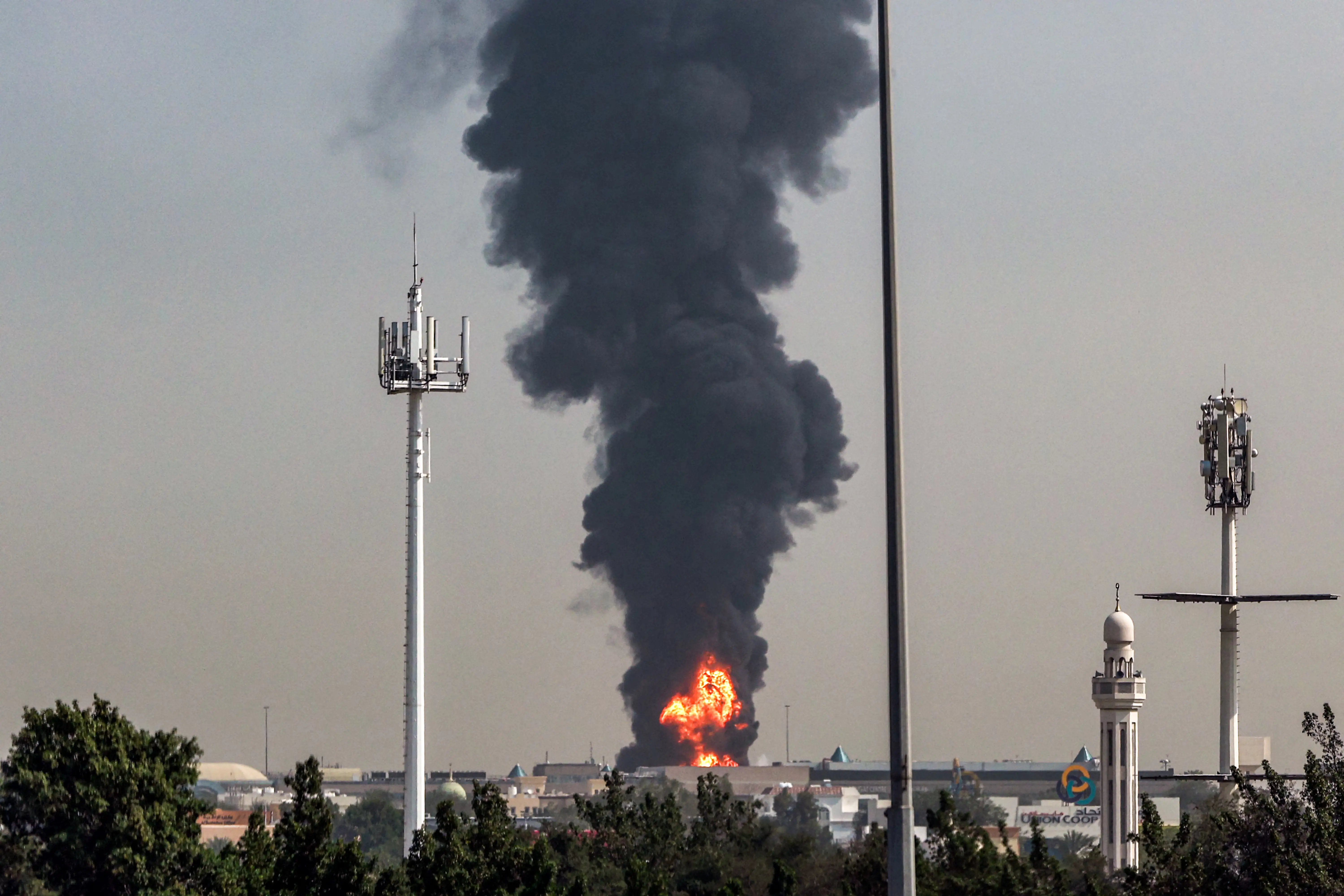 Fire and black smoke rises in the distance with trees in the foreground