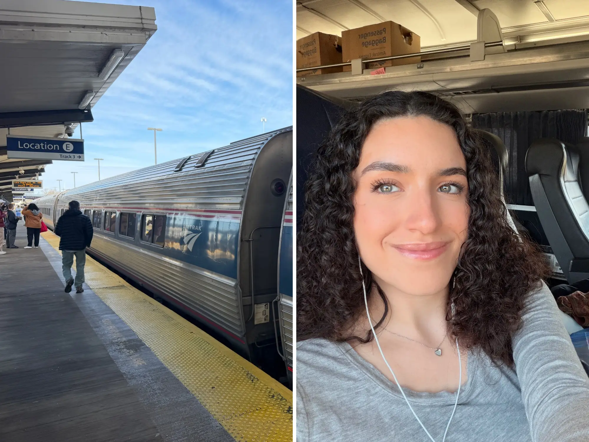 Split image of Amtrak train from the outside and author selfie.