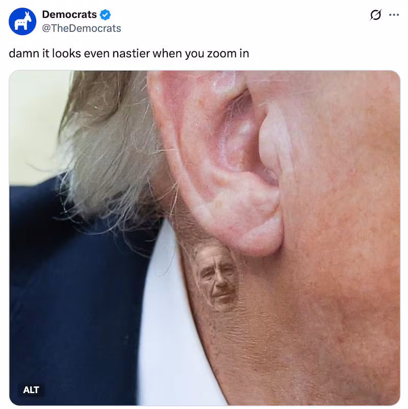 The Democrats photoshop Jeffrey Epstein's face onto Donald Trump's troublesome neck.