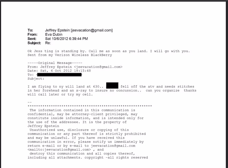 An email from Eva Dubin to Epstein offering to help following the "accident."