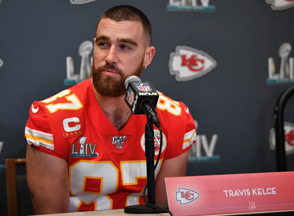 Travis Kelce of the Kansas City Chiefs speaks to the media.