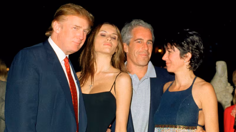 Trump and Melania with Jeffrey Epstein and Ghislaine Maxwell at the Mar-a-Lago club,  in Palm Beach, Florida, February 12, 2000.