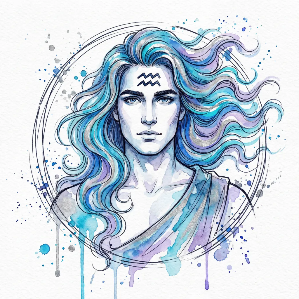Aquarius Zodiac Illustration in Watercolor and ink wash style. Wet-on-wet technique with soft blends, artistic splatters, and drips. For astrology posters, horoscopes, calendars, tarot.