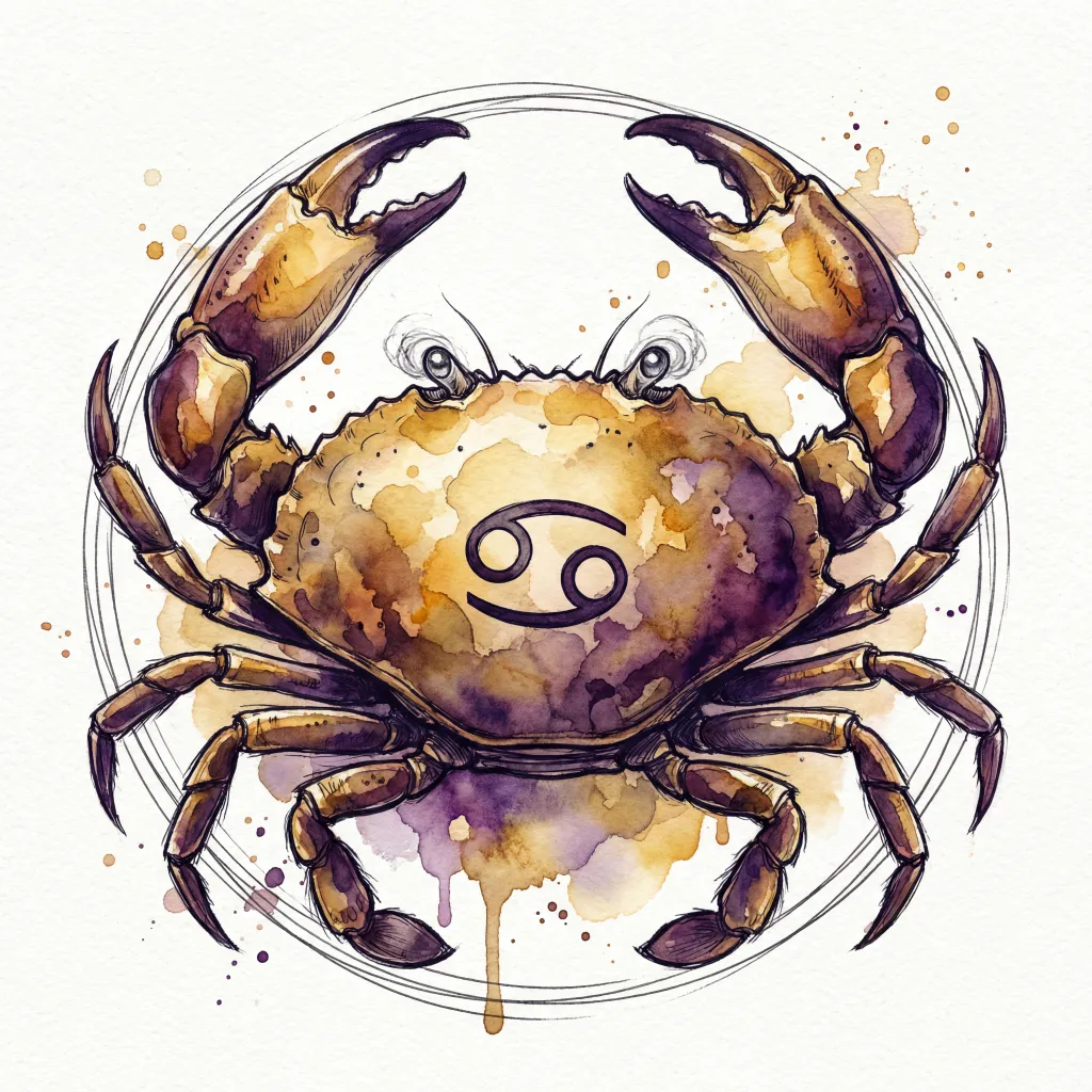 Cancer Zodiac Illustration in Watercolor and ink wash style. Wet-on-wet technique with soft blends, artistic splatters, and drips. For astrology posters, horoscopes, calendars, tarot.