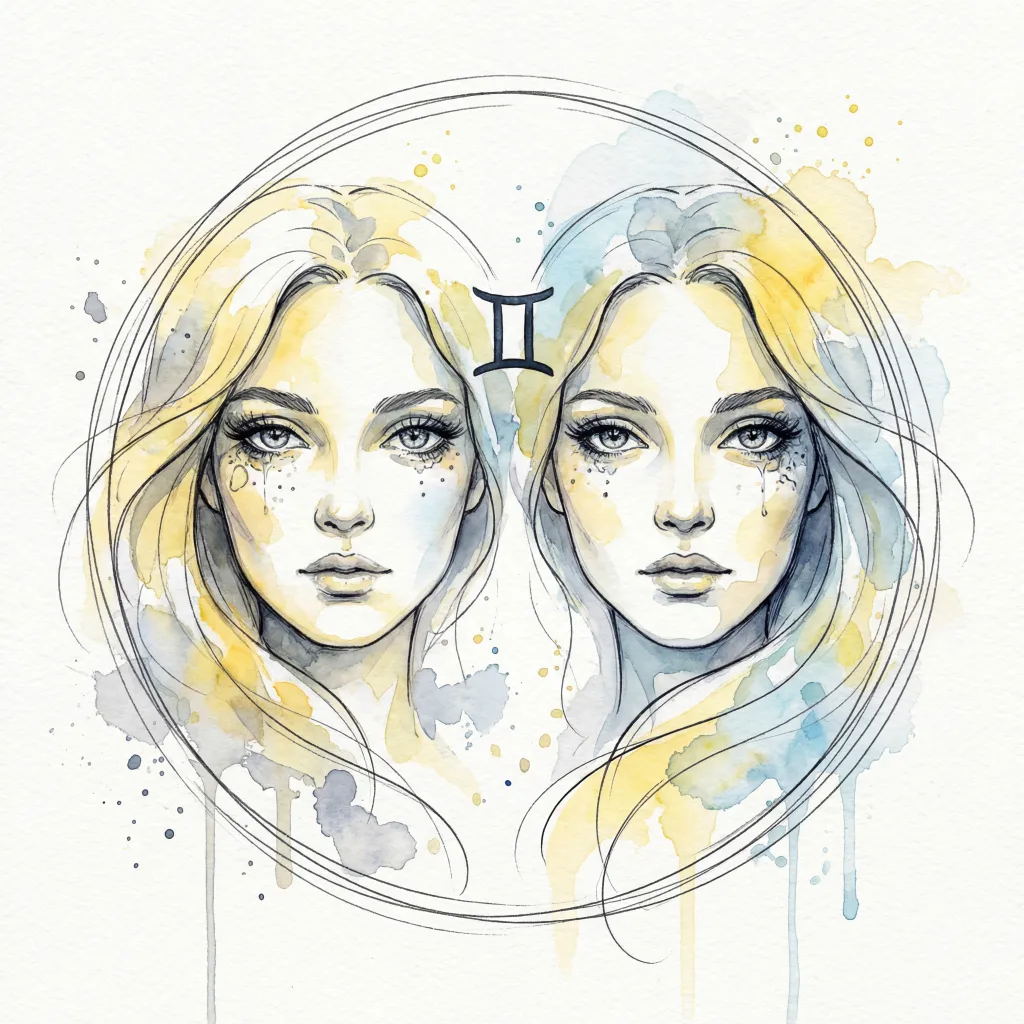 Gemini Zodiac Illustration in Watercolor and ink wash style. Wet-on-wet technique with soft blends, artistic splatters, and drips. For astrology posters, horoscopes, calendars, tarot.