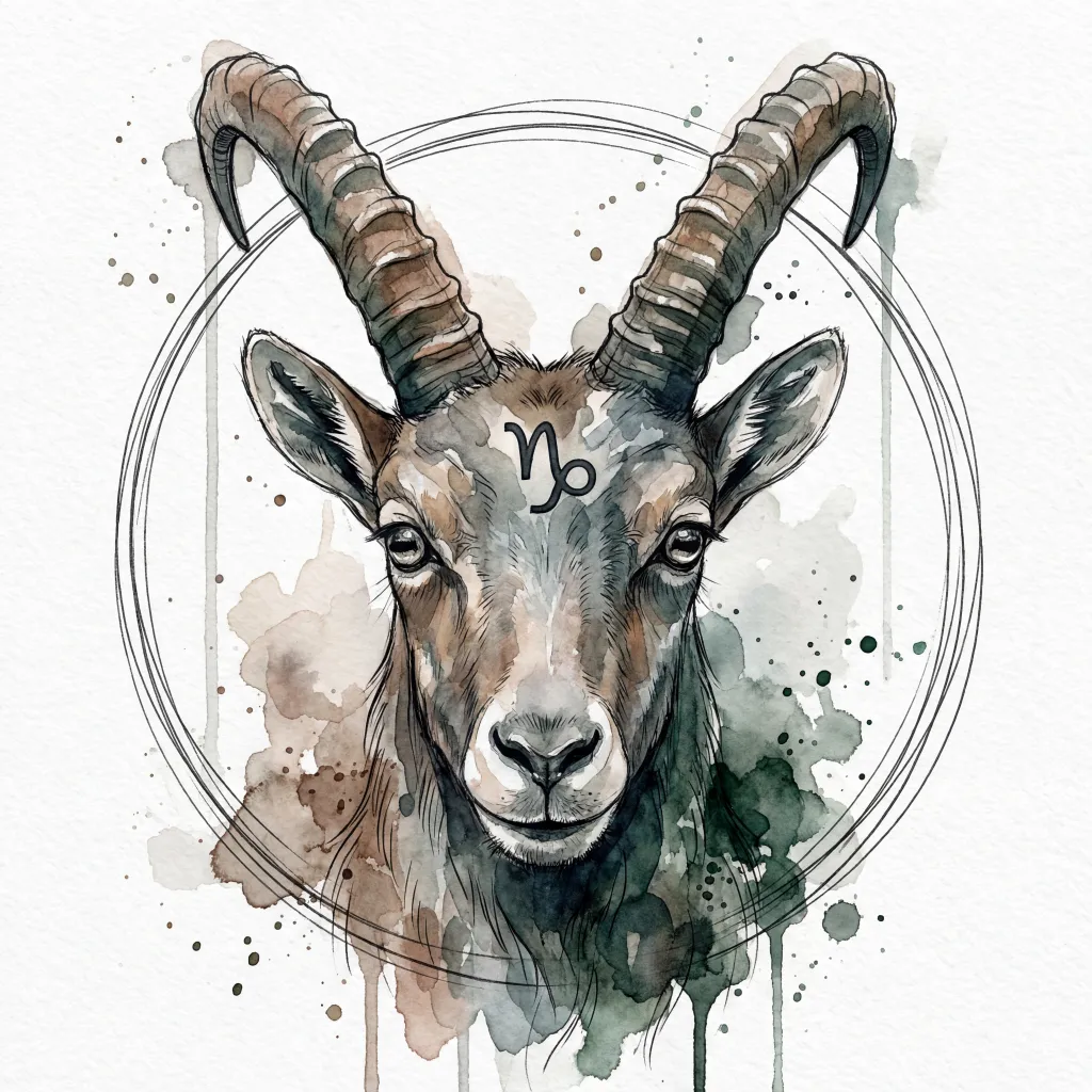 Capricorn Zodiac Illustration in Watercolor and ink wash style. Wet-on-wet technique with soft blends, artistic splatters, and drips. For astrology posters, horoscopes, calendars, tarot.
