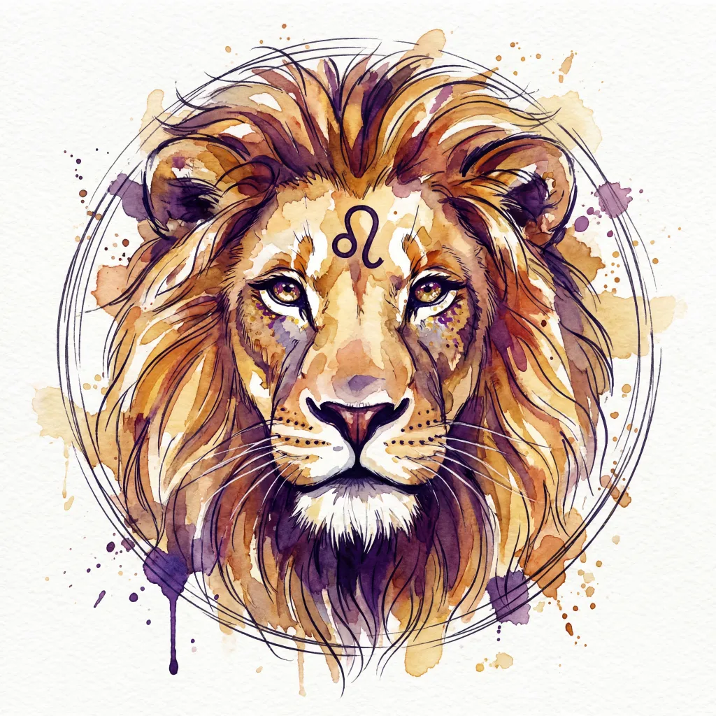 Leo Zodiac Illustration in Watercolor and ink wash style. Wet-on-wet technique with soft blends, artistic splatters, and drips. For astrology posters, horoscopes, calendars, tarot.