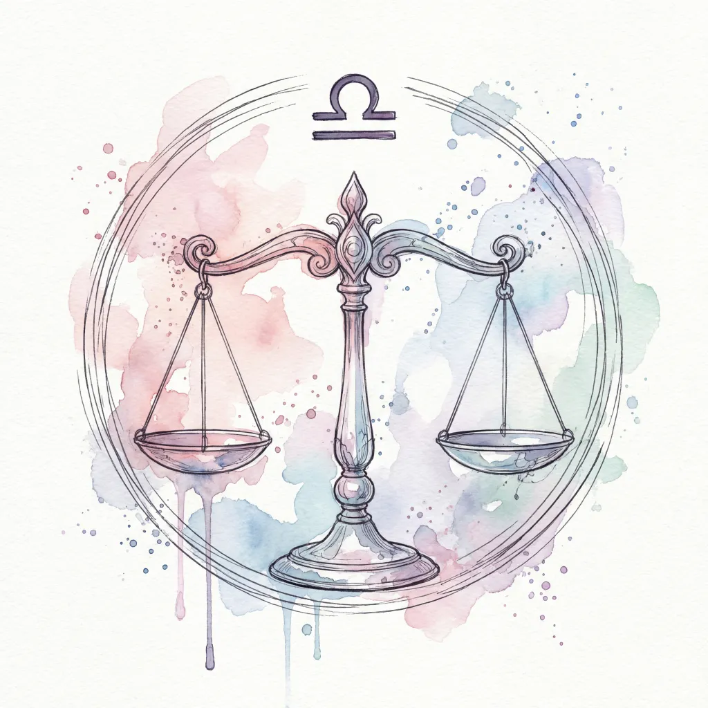 Libra Zodiac Illustration in Watercolor and ink wash style. Wet-on-wet technique with soft blends, artistic splatters, and drips. For astrology posters, horoscopes, calendars, tarot.