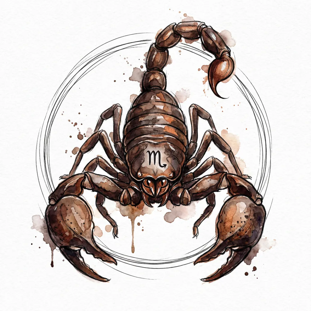 Scorpio Zodiac Illustration in Watercolor and ink wash style. Wet-on-wet technique with soft blends, artistic splatters, and drips. For astrology posters, horoscopes, calendars, tarot.