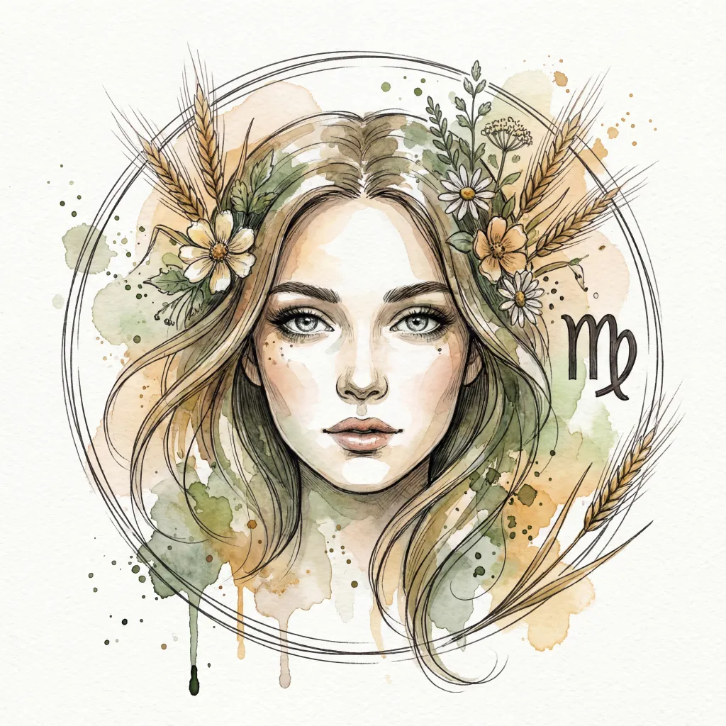 Virgo Zodiac Illustration in Watercolor and ink wash style. Wet-on-wet technique with soft blends, artistic splatters, and drips. For astrology posters, horoscopes, calendars, tarot.