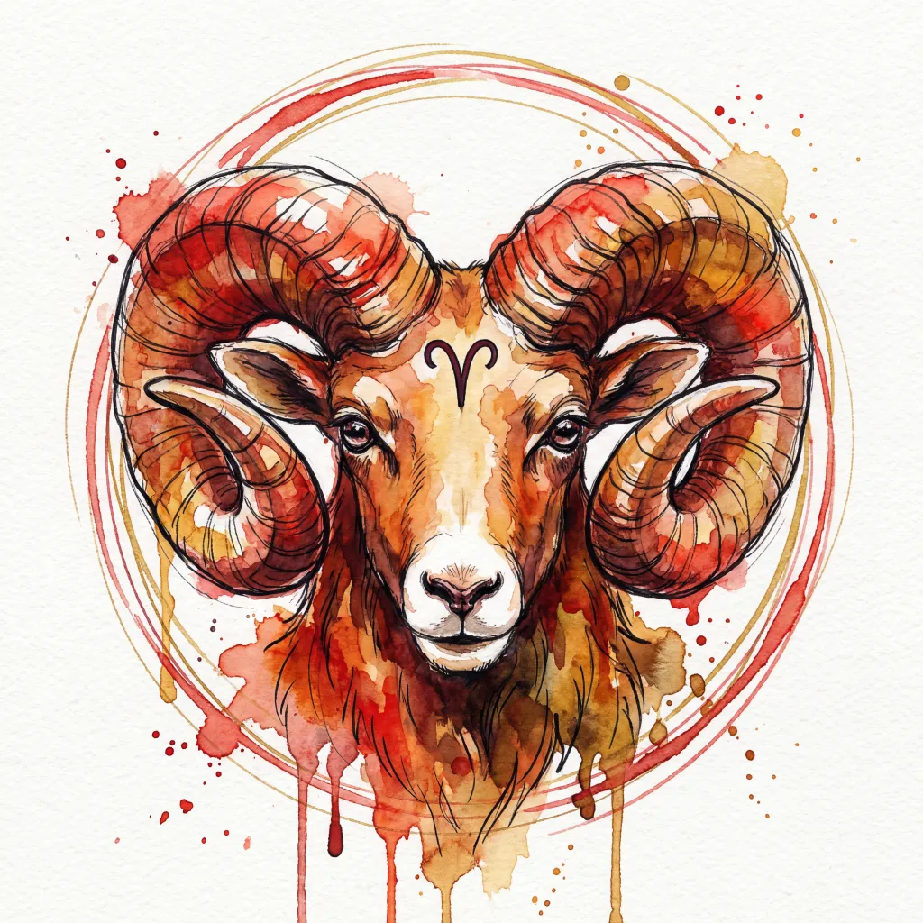 Aries Zodiac Illustration in Watercolor and ink wash style. Wet-on-wet technique with soft blends, artistic splatters, and drips. For astrology posters, horoscopes, calendars, tarot.