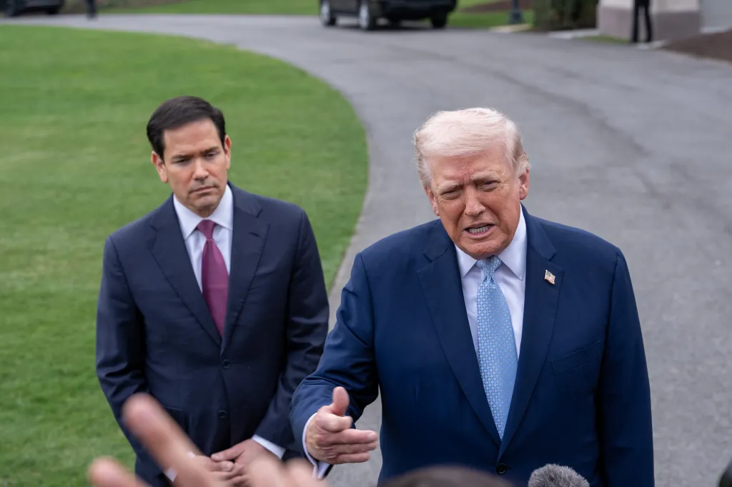 President Trump and Secretary of State Marco Rubio speak to the media on March 20, 2026.