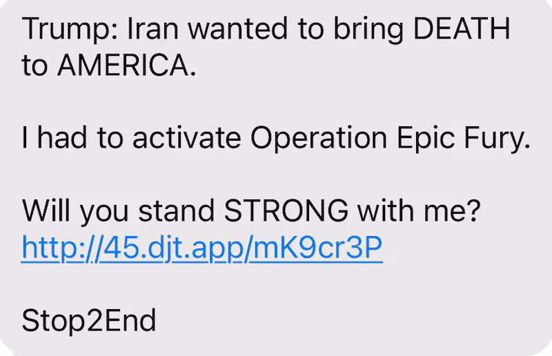 Donald Trump fundraising message US military strikes on Iran to ask for donations from supporters.