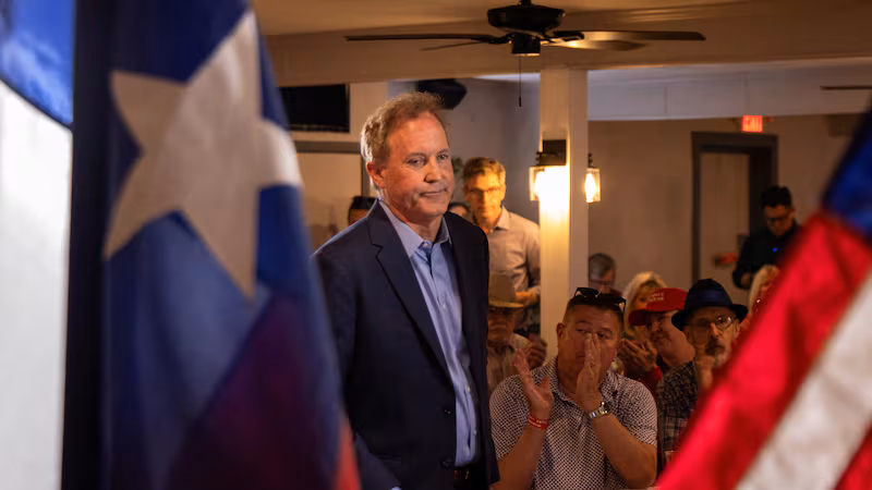 Texas Attorney General Ken Paxton concludes remarks during a rally for his senatorial campaign at George’s Banquet Hall in Waco, Texas, U.S. March 2, 2026. REUTERS/Kaylee Greenlee