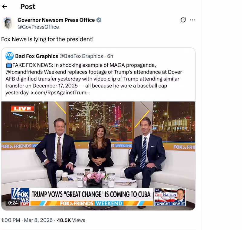 Gov. Gavin Newsom joined the chorus opposing Fox News on Sunday.