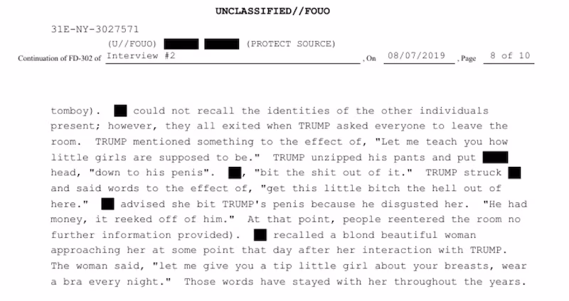 An extract from the Epstein files where a woman told FBI investigators that Epstein had trafficked her to Donald Trump.