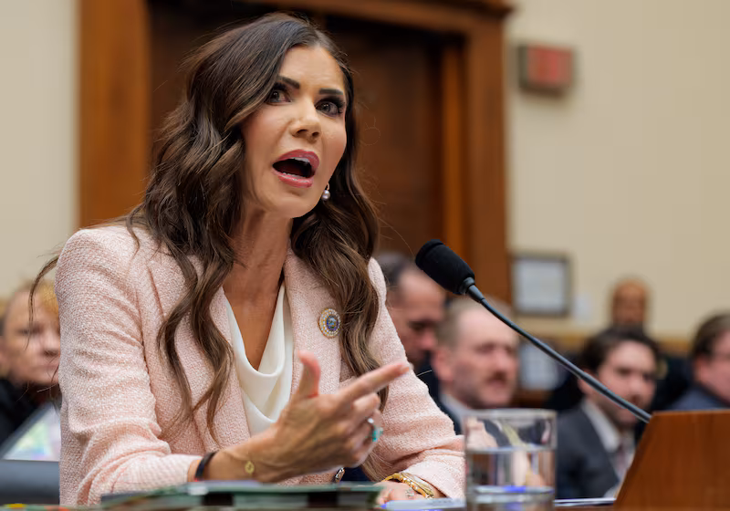 Secretary of Homeland Security Kristi Noem was confronted about her rumored affair with Corey Lewandowski in a hearing on Capitol Hill on March 4.