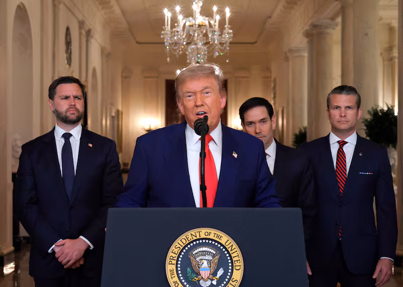 President Donald Trump addresses the nation, alongside US Vice President JD Vance (L), US Secretary of State Marco Rubio (2nd R), and US Secretary of Defense Pete Hegseth (R), from the White House in Washington, DC on June 21, 2025, following the announcement that the US bombed nuclear sites in Iran.