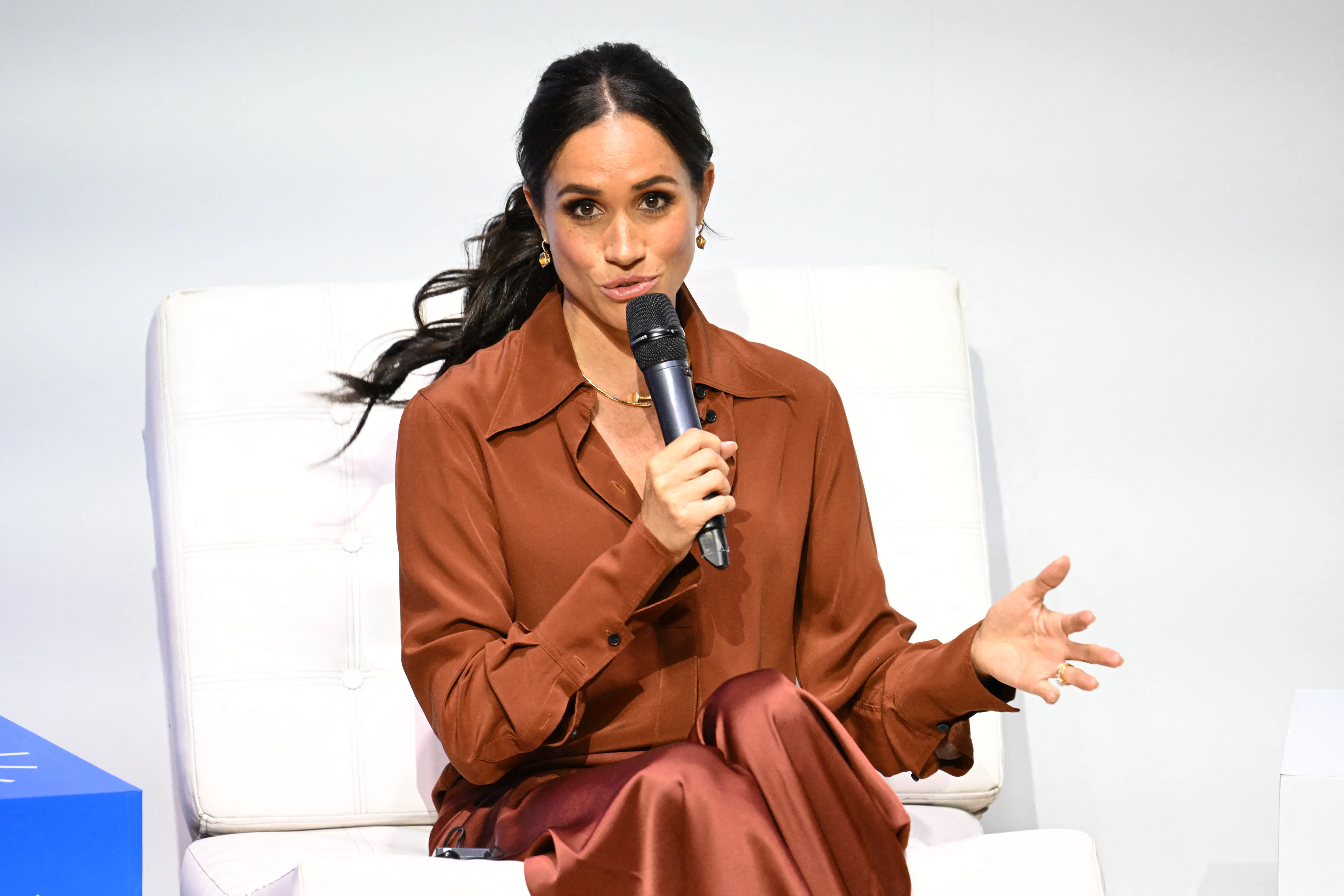 Meghan Markle speaks during the 'Responsible Digital Future' forum in Bogota on August 15, 2024