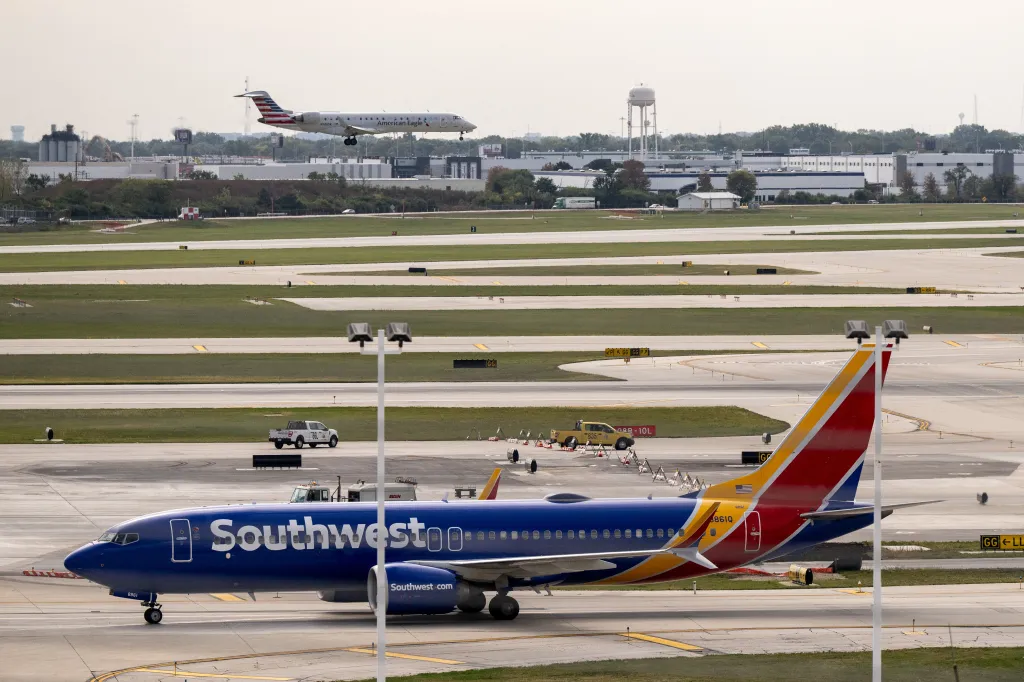A Southwest Airlines flight at O'Hare International Airport in Chicago, Illinois, on Oct. 10, 2025.