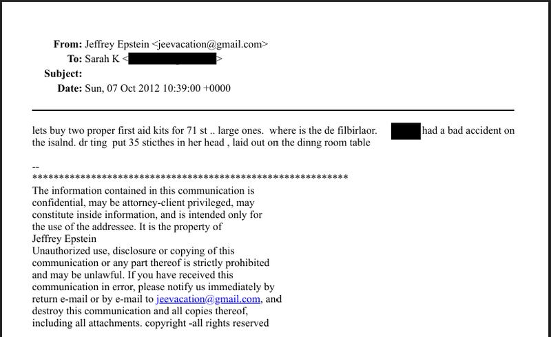 An email from Epstein claiming that the young Russian student with him had an accident on his island.