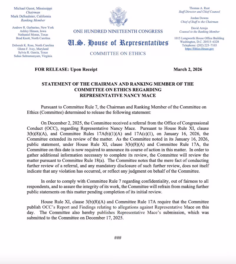 The House Committee on Ethics released this statement on its investigation into Mace's finances.