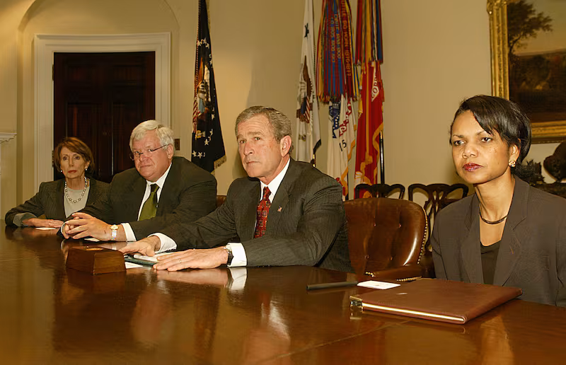 Then-National Security Advisor Condoleezza Rice with President George W. Bush on March 17, 2003, three days before the U.S. invaded Iraq.
