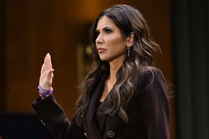 Homeland Security Secretary Kristi Noem is sworn in as she testifies during a Senate Judiciary Committee hearing on oversight of the Department of Homeland Security, on Capitol Hill in Washington, DC on March 3, 2026.